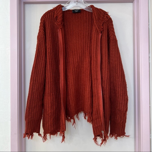 VICI Rust Distressed Zip Up Knit Hoodie - Picture 2 of 11